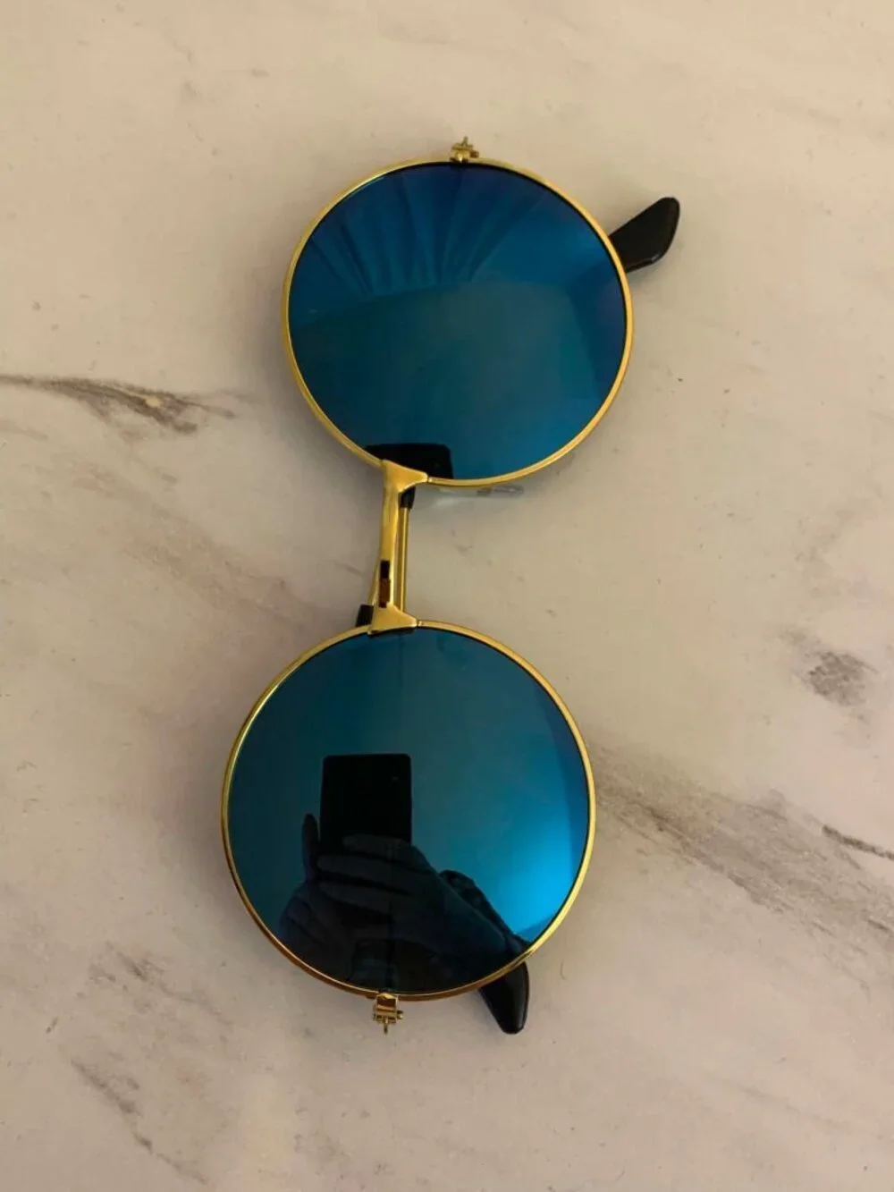 Retro Round Sunglasses With Gold Metal Frame Blue Metallic Lenses